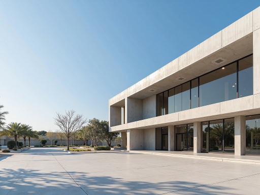 Modern manufacturing facility exterior view with industrial building architecture and company signage