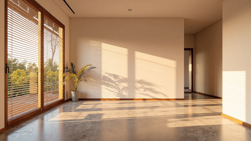 Modern residential building with premium wooden and aluminum windows showing natural light filtering through, contemporary architecture with clean lines and elegant window designs