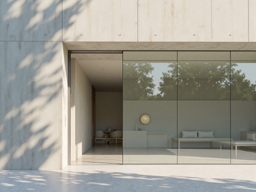 Contemporary aluminum and glass sliding door system with sleek minimalistic design, floor to ceiling glass panels and smooth operation mechanism